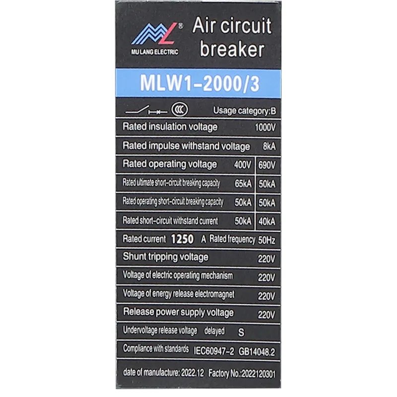 MULANG MLW1-630A-6300A low voltage 3 pole or 4 pole industrial control intelligent universal withdrawable air circuit breaker ACB product image