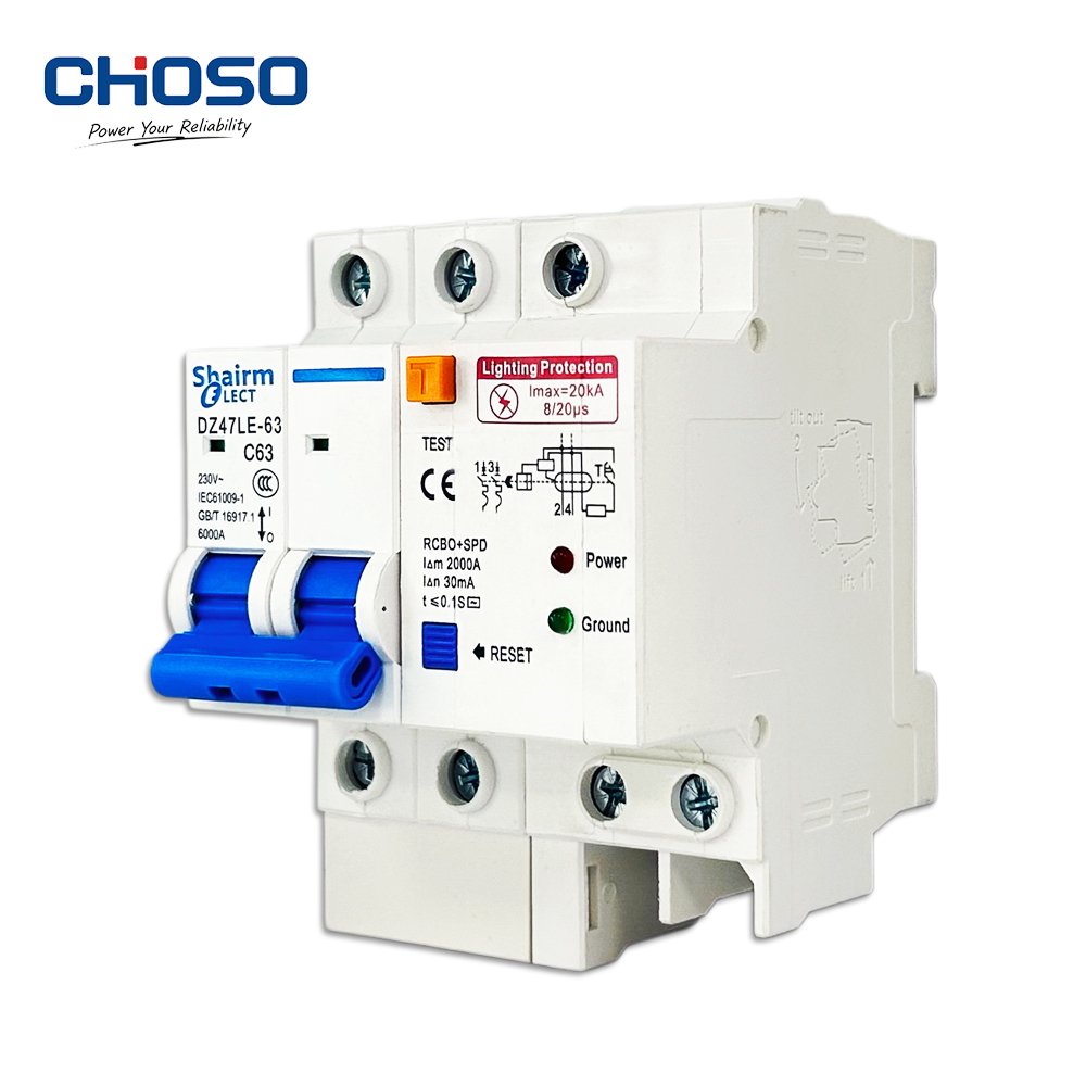 DZ47LE-63 C63 2P RCBO+SPD 6kA Lightning & Leakage Protection 30mA 230V Plastic Industrial Residual Current Circuit Breaker product image