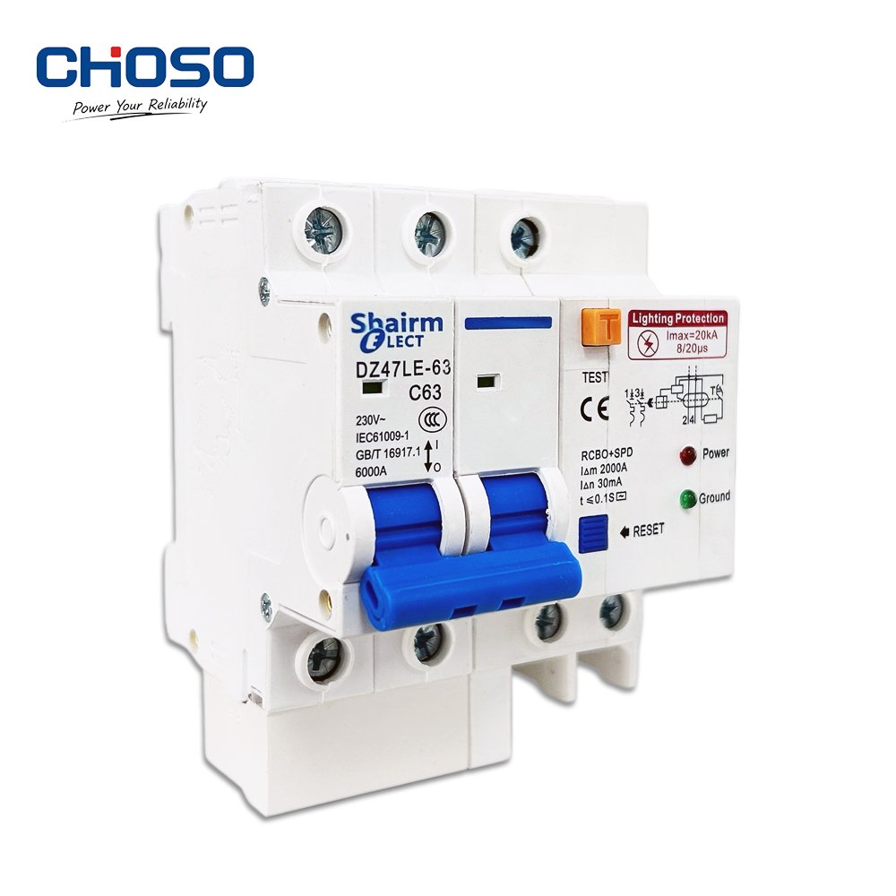 DZ47LE-63 C63 2P RCBO+SPD 6kA Lightning & Leakage Protection 30mA 230V Plastic Industrial Residual Current Circuit Breaker product image