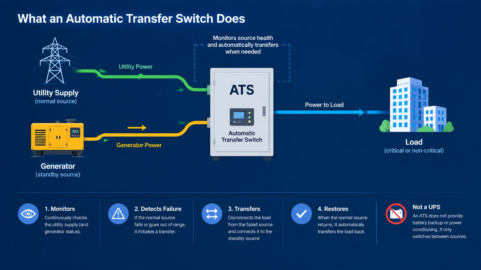 Diagram showing an automatic transfer switch monitoring a utility supply and a generator, transferring a load between the two sources