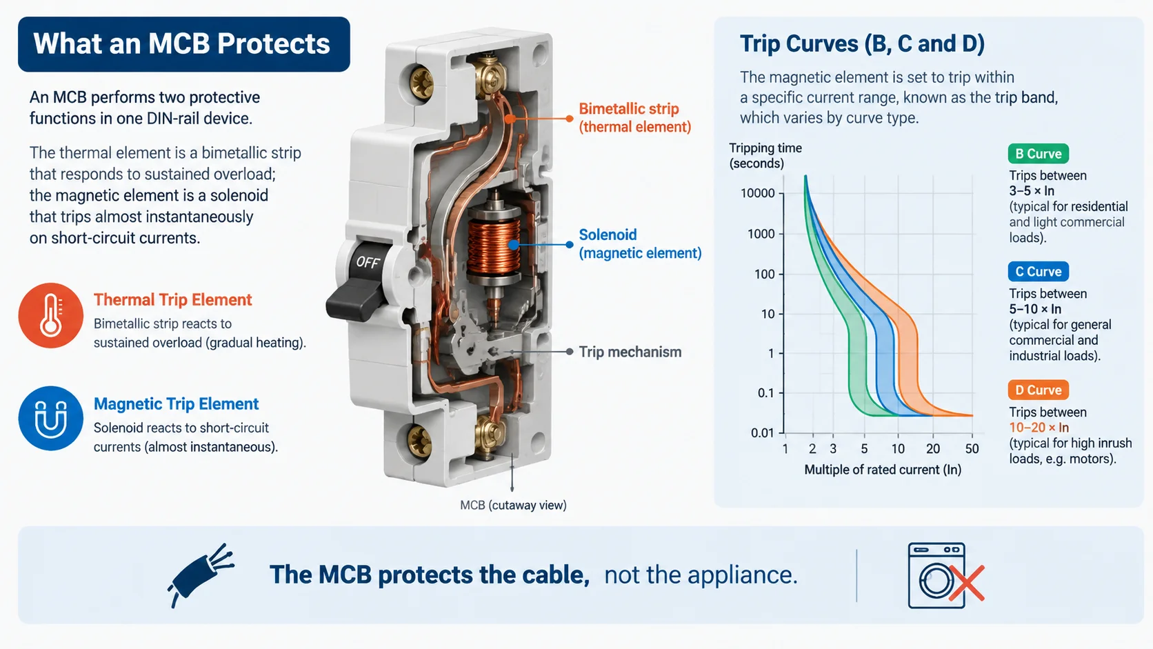 Diagram showing the thermal and magnetic trip elements inside a miniature circuit breaker with B, C and D curve trip bands