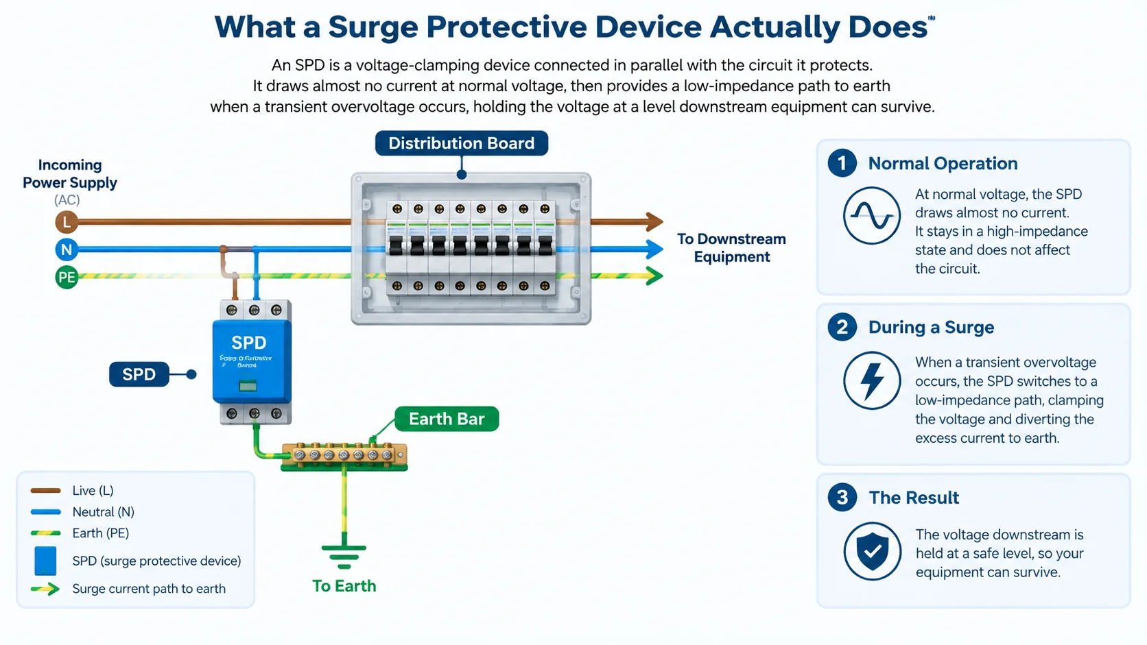 Diagram showing a surge protective device connected in parallel with a distribution board, diverting surge current to the earth bar